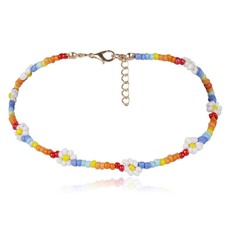 Bohemian White And BlueSeed Bead Flower Choker Necklace