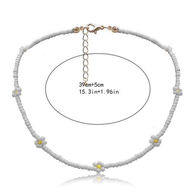 Bohemian White And BlueSeed Bead Flower Choker Necklace