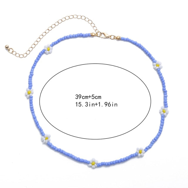 Bohemian White And BlueSeed Bead Flower Choker Necklace