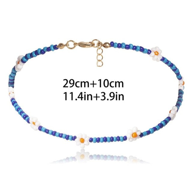Bohemian White And BlueSeed Bead Flower Choker Necklace
