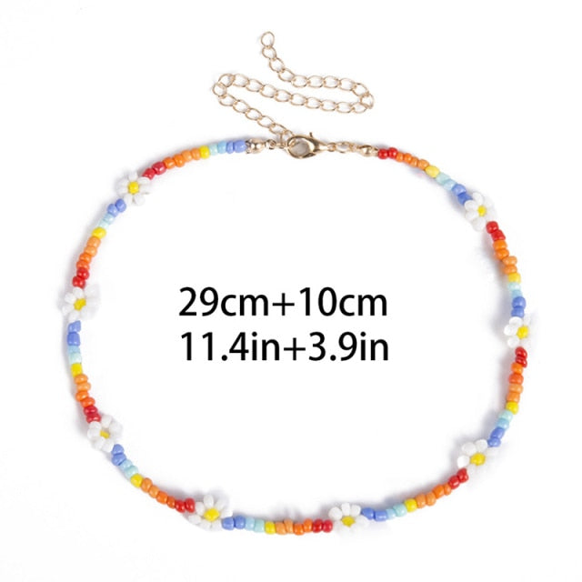 Bohemian White And BlueSeed Bead Flower Choker Necklace