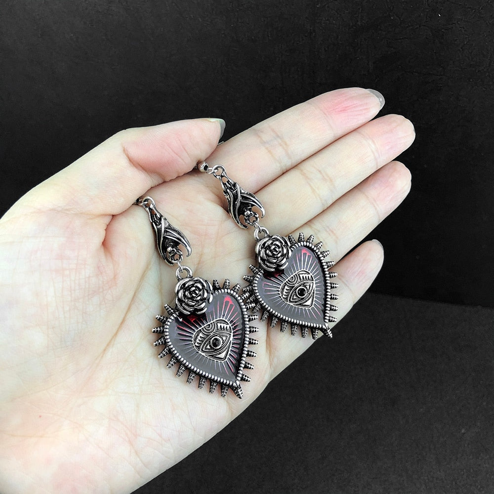 Rose Heart Oil Bat Gothic Earrings