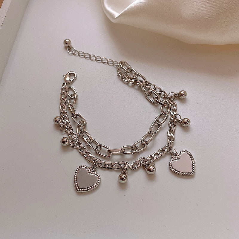 Double Layered Linked Chain Heart Bracelets for Women