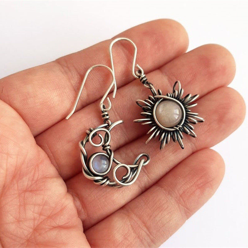 Vintage Sun and Moon Silver Color Crystal Drop Earrings