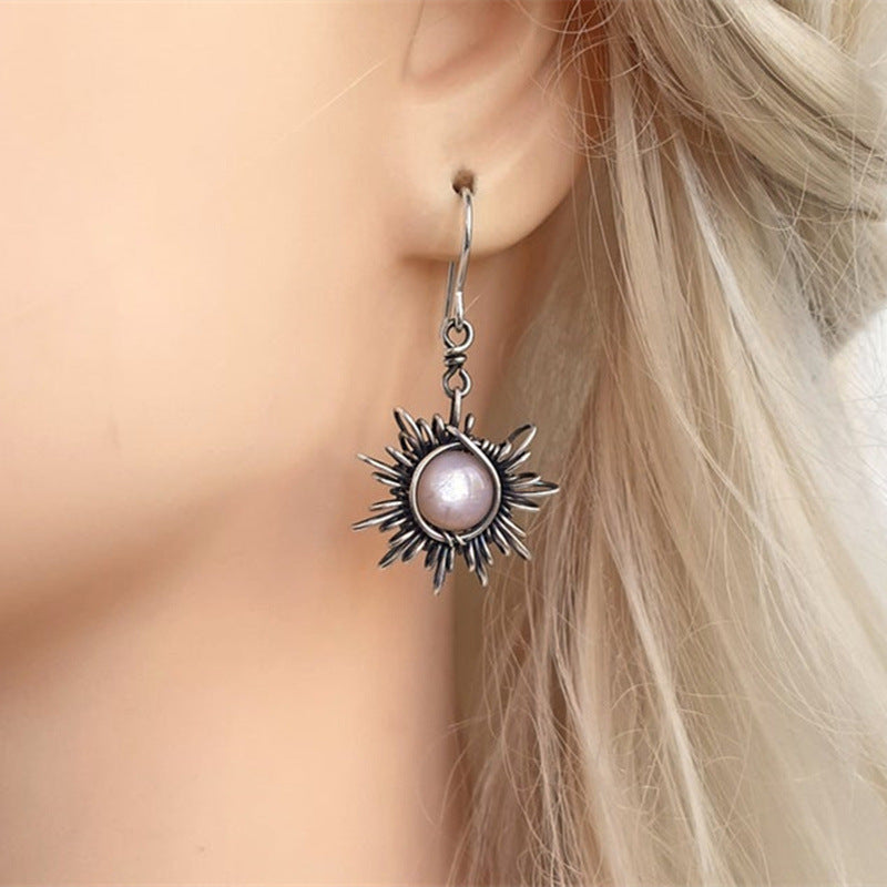 Vintage Sun and Moon Silver Color Crystal Drop Earrings