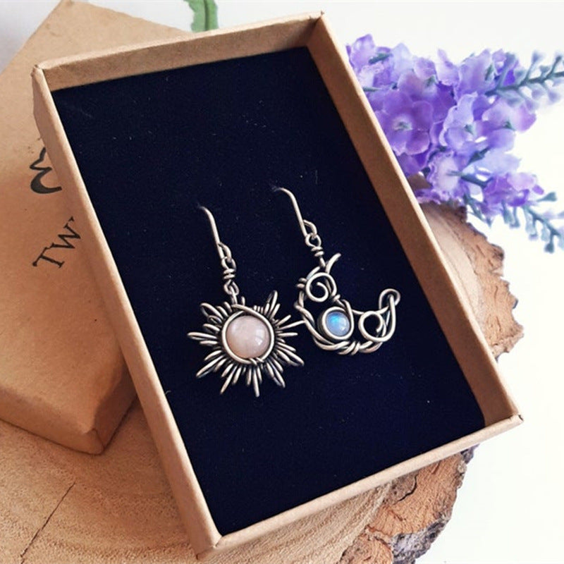 Vintage Sun and Moon Silver Color Crystal Drop Earrings