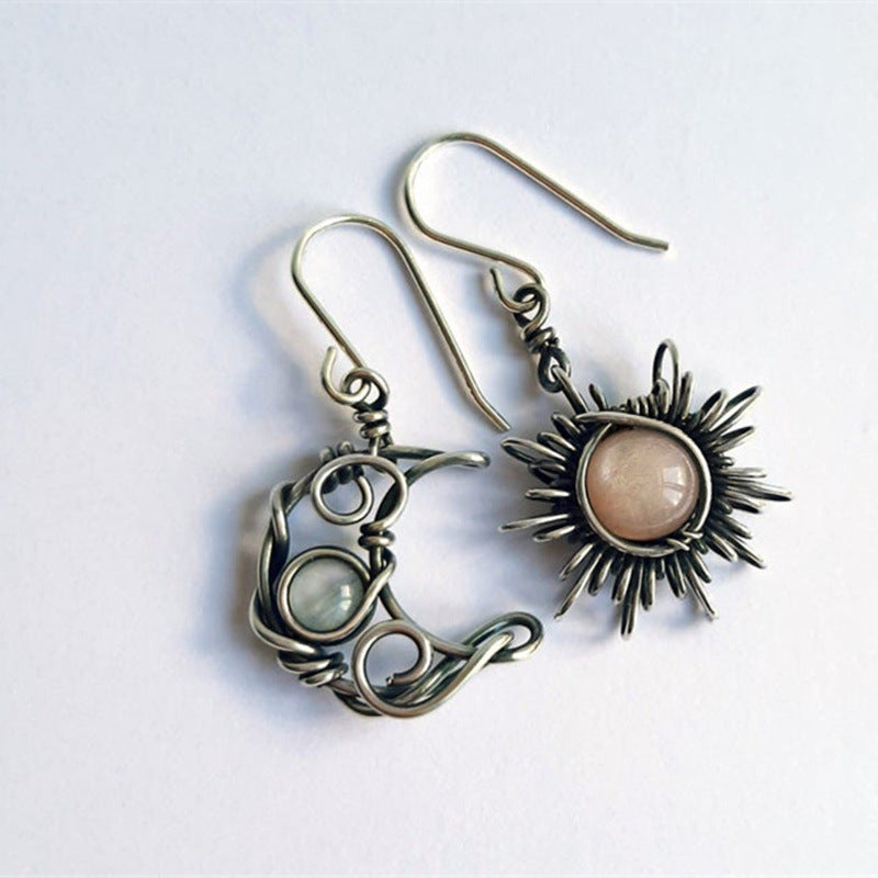 Vintage Sun and Moon Silver Color Crystal Drop Earrings
