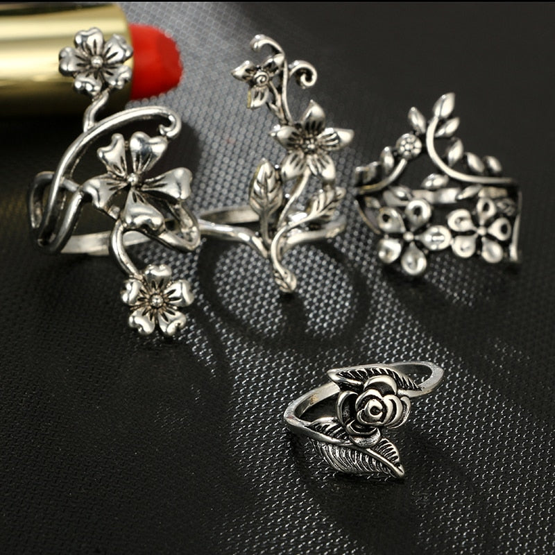 Antique Silver Color Vintage Bohemia  Rose Flower Rings Set
