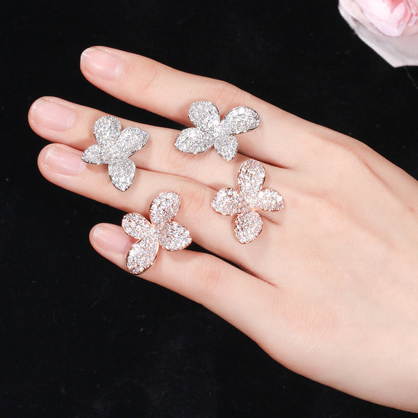 Fashion Silver Color  Big Leave Shape Cubic Zirconia Women Flower Stud Earrings