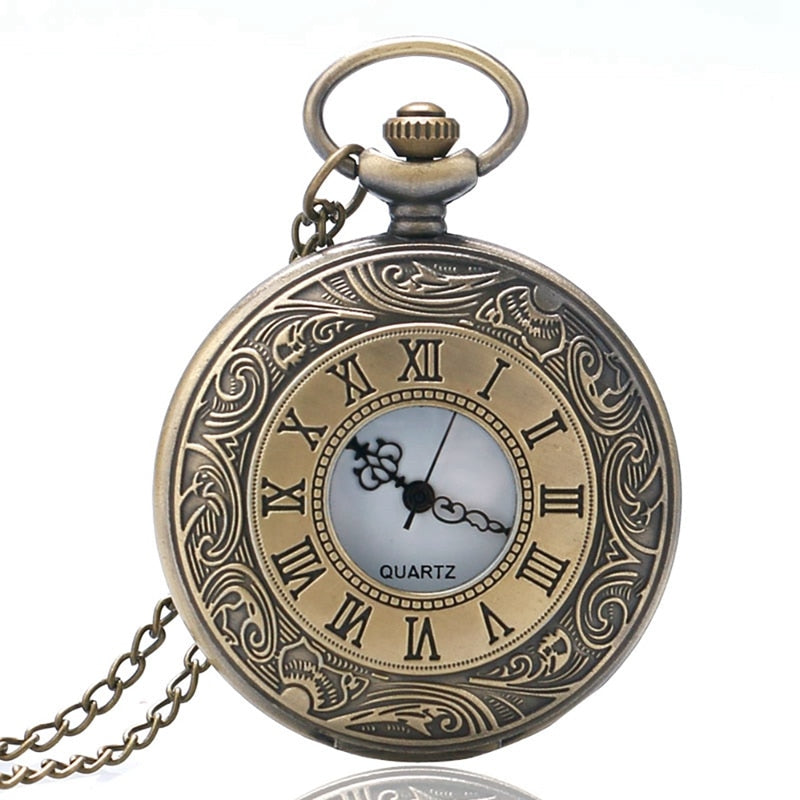 Vintage Bronze Roman Number Necklace Quartz Pocket Watch