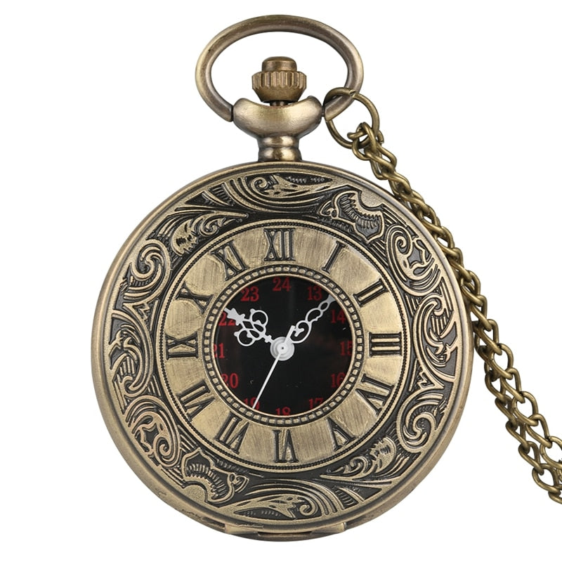 Vintage Bronze Roman Number Necklace Quartz Pocket Watch