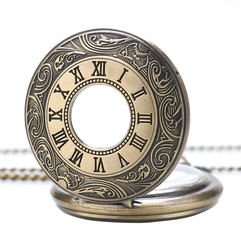 Vintage Bronze Roman Number Necklace Quartz Pocket Watch