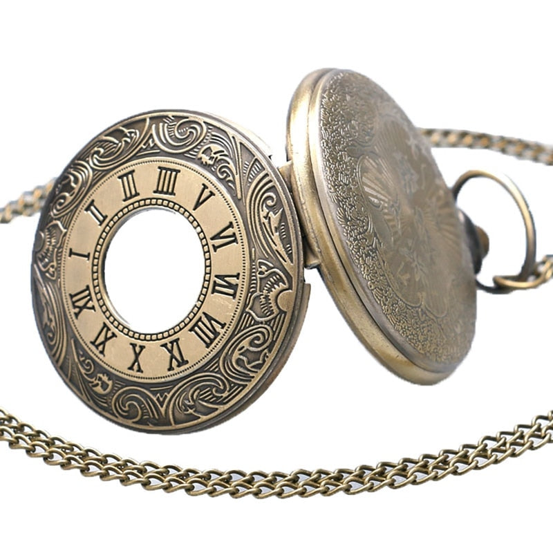 Vintage Bronze Roman Number Necklace Quartz Pocket Watch