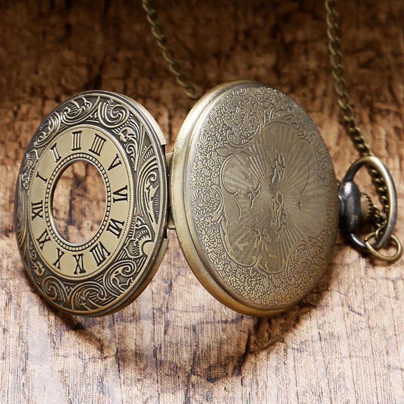 Vintage Bronze Roman Number Necklace Quartz Pocket Watch