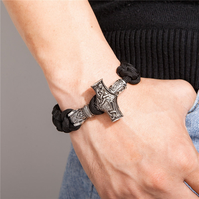 Men Thor Mjolnir Hammer Lanyard Rope Wrap Bracelet