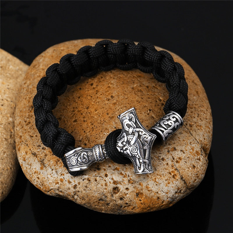 Men Thor Mjolnir Hammer Lanyard Rope Wrap Bracelet