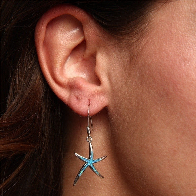 Cute Starfish Shape Blue Imitation Fire Opal Drop Dangle Hook Earrings