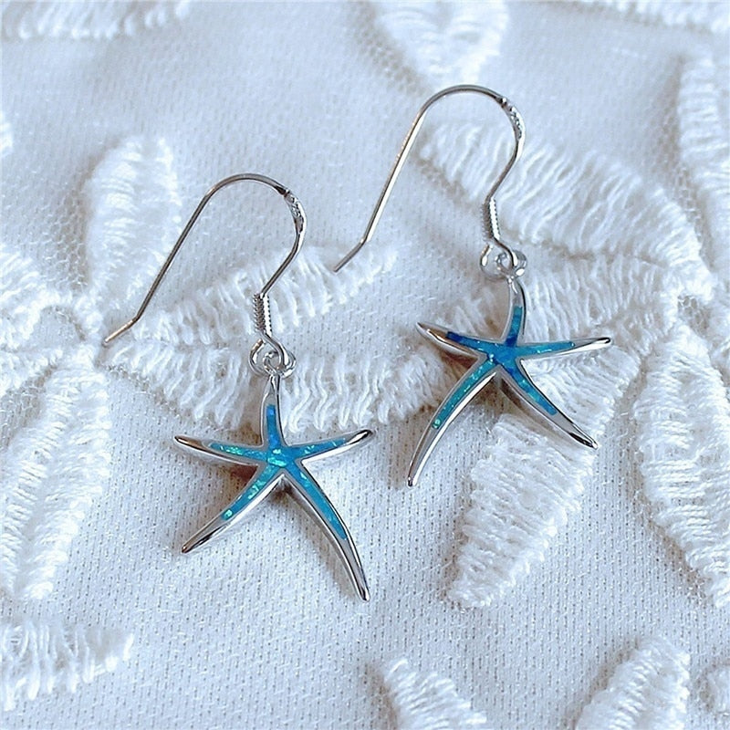 Cute Starfish Shape Blue Imitation Fire Opal Drop Dangle Hook Earrings