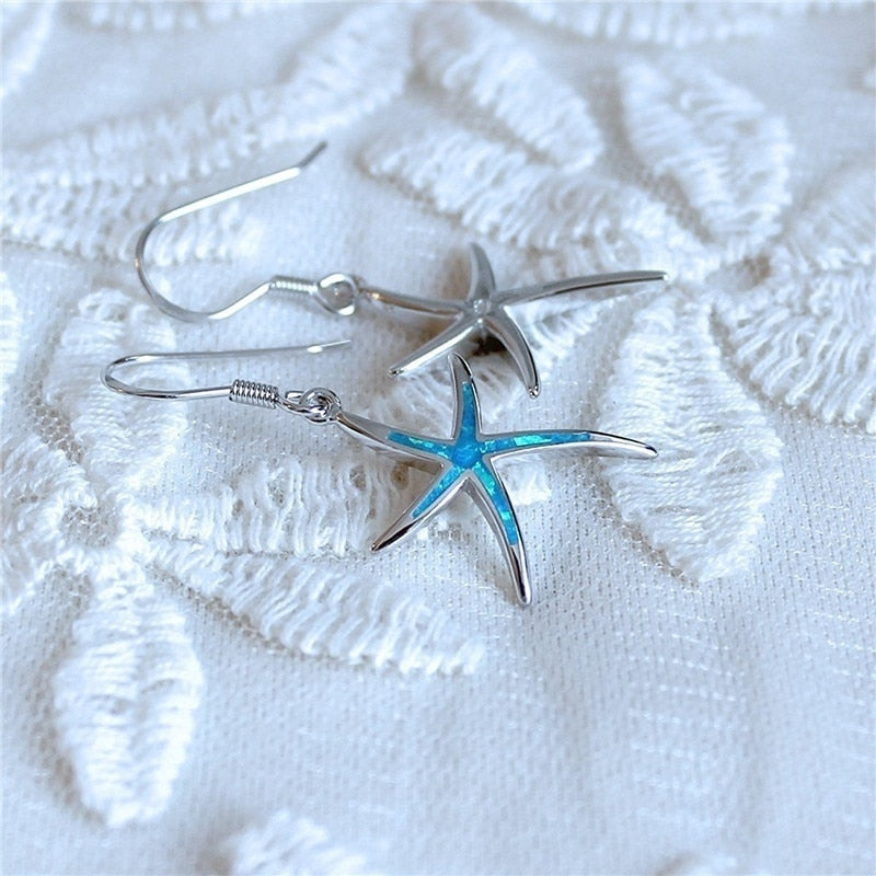 Cute Starfish Shape Blue Imitation Fire Opal Drop Dangle Hook Earrings