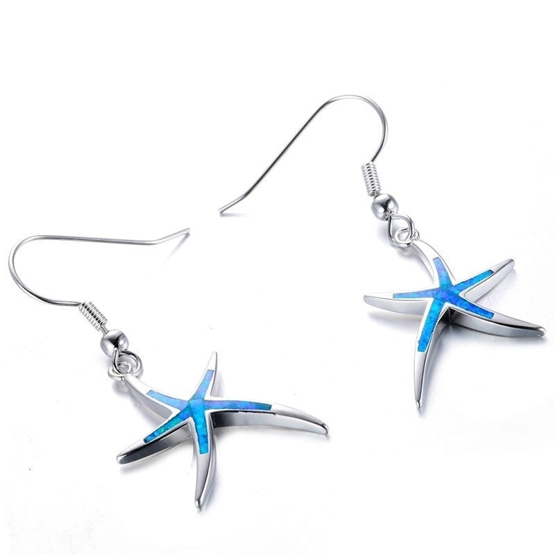 Cute Starfish Shape Blue Imitation Fire Opal Drop Dangle Hook Earrings