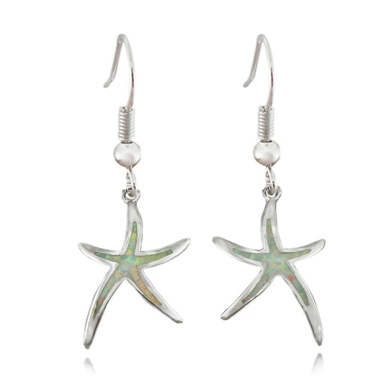 Cute Starfish Shape Blue Imitation Fire Opal Drop Dangle Hook Earrings