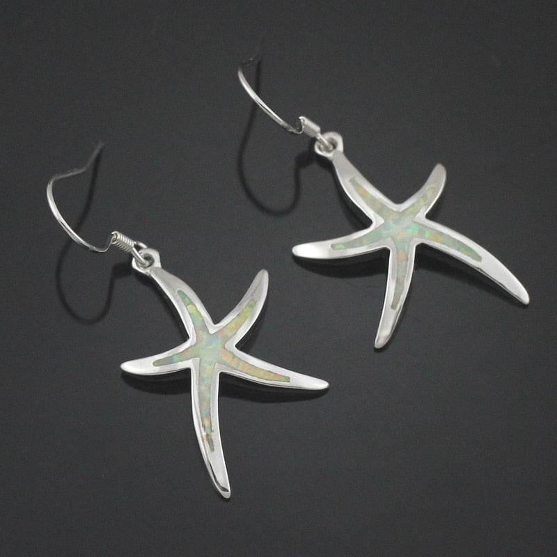 Cute Starfish Shape Blue Imitation Fire Opal Drop Dangle Hook Earrings