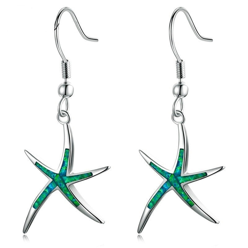 Cute Starfish Shape Blue Imitation Fire Opal Drop Dangle Hook Earrings