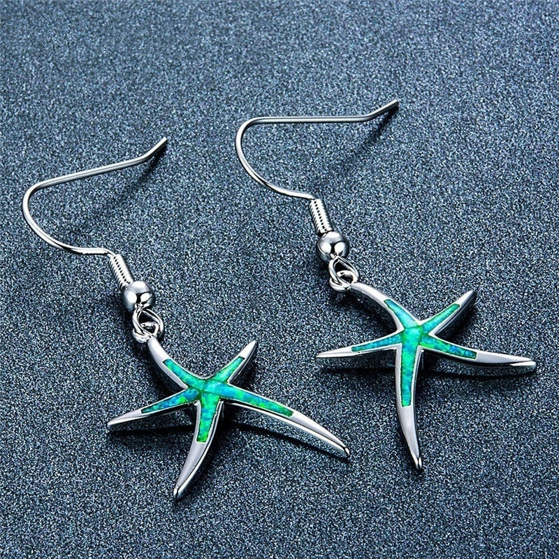 Cute Starfish Shape Blue Imitation Fire Opal Drop Dangle Hook Earrings