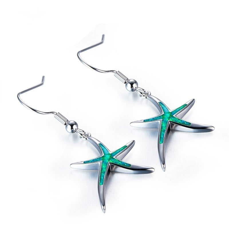Cute Starfish Shape Blue Imitation Fire Opal Drop Dangle Hook Earrings
