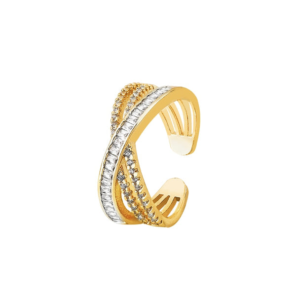 Anillo gótico clásico de circonita con apertura en oro y cruz para mujer