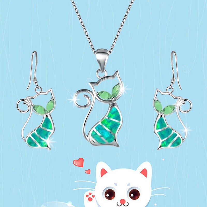 Alloy Blue Imitation Fire Opal Cat Pendant Necklace Earrings  Jewelry Set