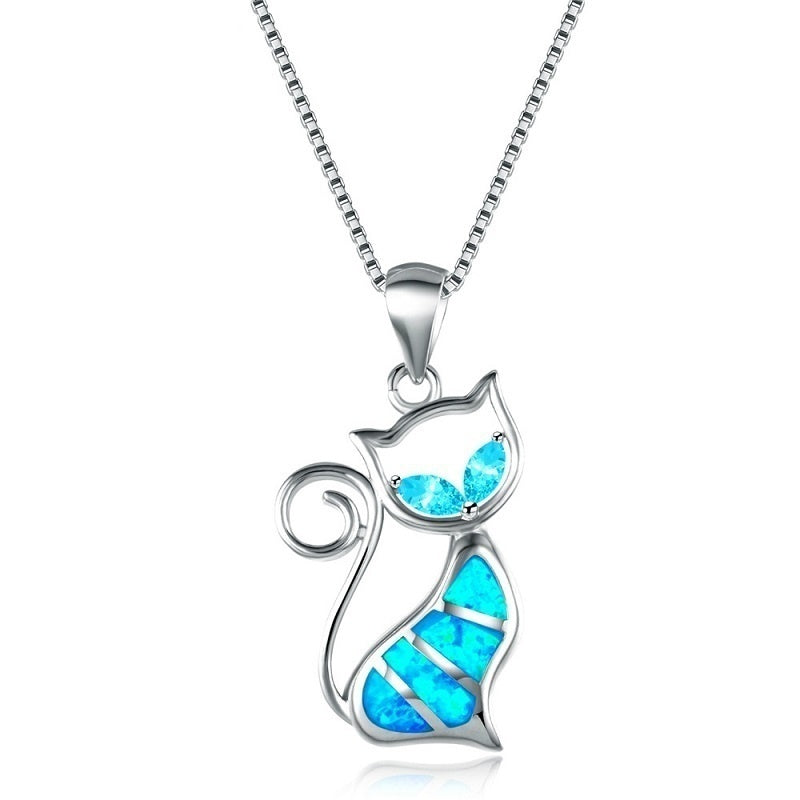 Alloy Blue Imitation Fire Opal Cat Pendant Necklace Earrings  Jewelry Set