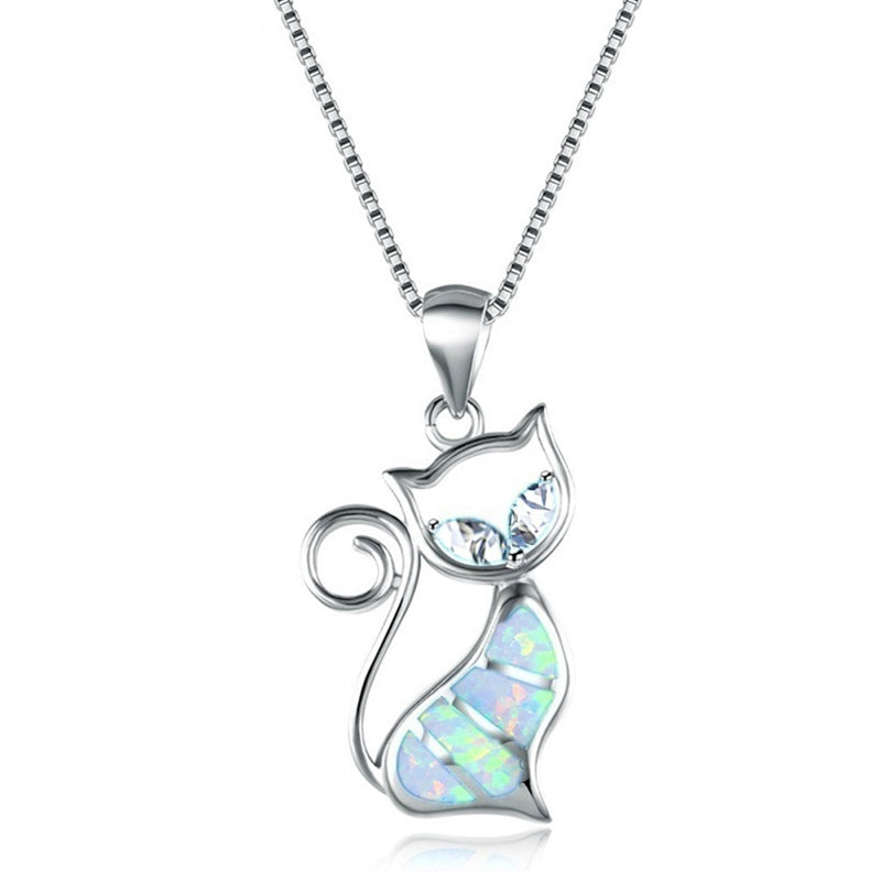 Alloy Blue Imitation Fire Opal Cat Pendant Necklace Earrings  Jewelry Set