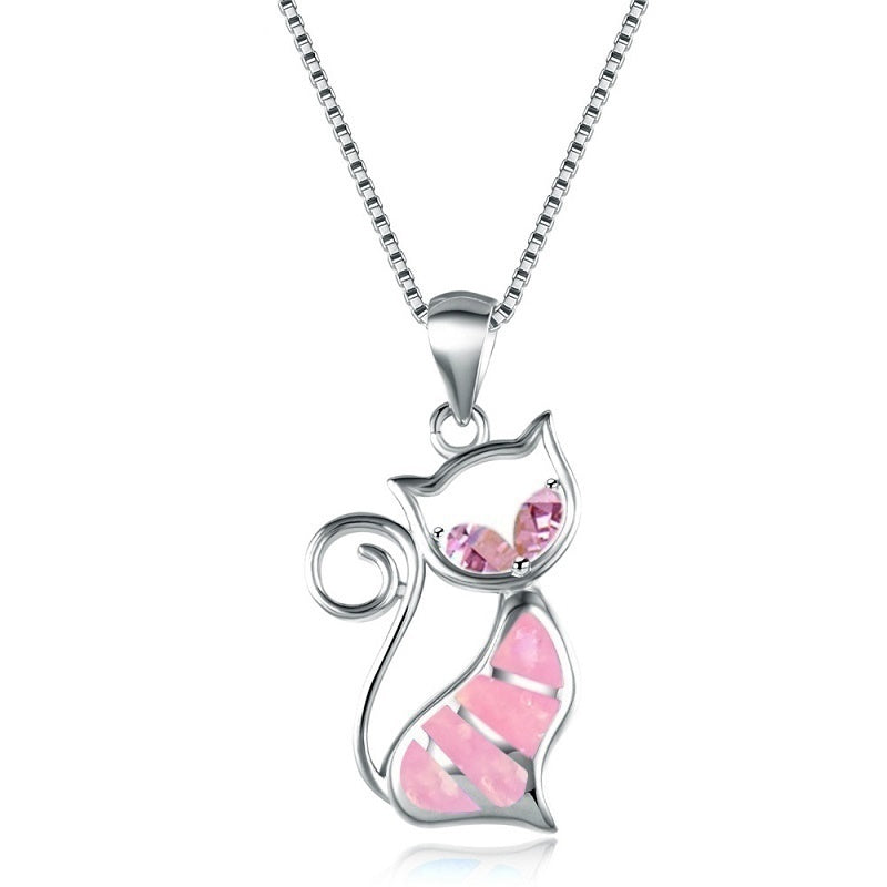 Alloy Blue Imitation Fire Opal Cat Pendant Necklace Earrings  Jewelry Set