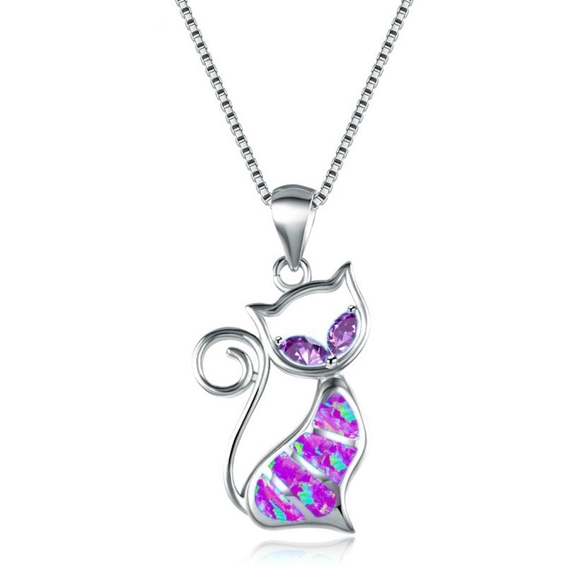 Alloy Blue Imitation Fire Opal Cat Pendant Necklace Earrings  Jewelry Set