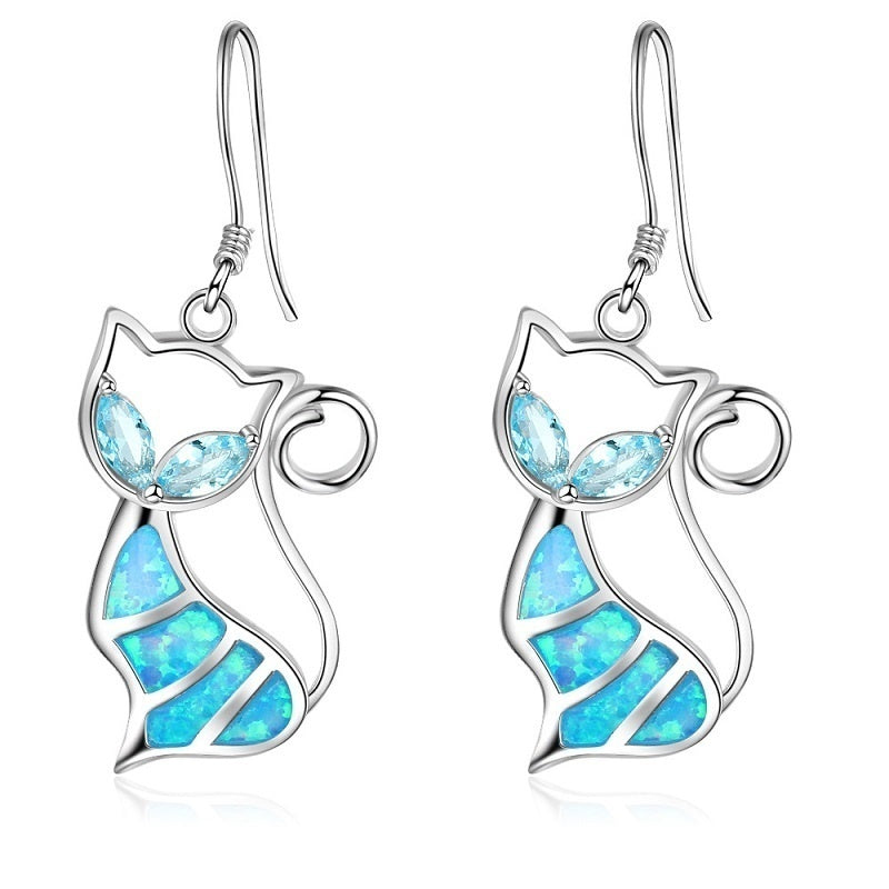 Alloy Blue Imitation Fire Opal Cat Pendant Necklace Earrings  Jewelry Set