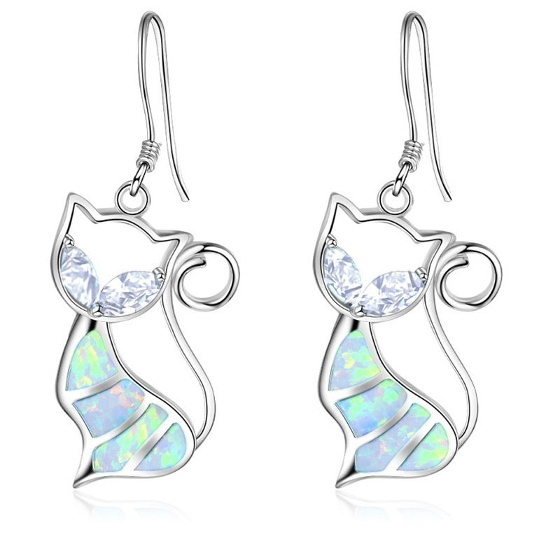 Alloy Blue Imitation Fire Opal Cat Pendant Necklace Earrings  Jewelry Set