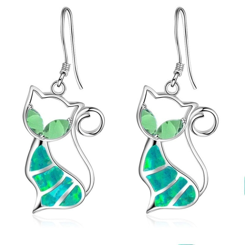 Alloy Blue Imitation Fire Opal Cat Pendant Necklace Earrings  Jewelry Set