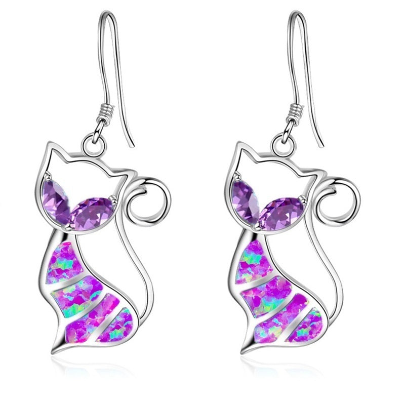 Alloy Blue Imitation Fire Opal Cat Pendant Necklace Earrings  Jewelry Set