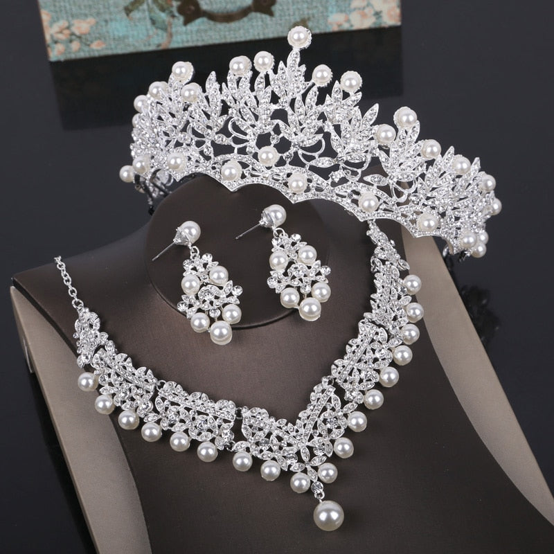 Rhinestone Statement Necklace Earrings Crown Tiaras Set