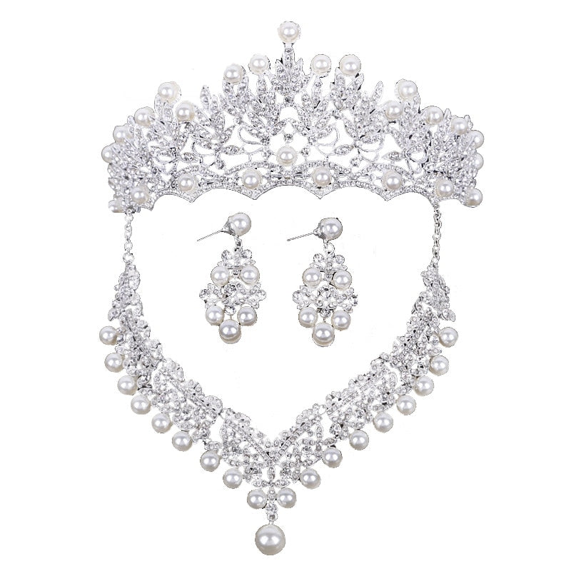 Rhinestone Statement Necklace Earrings Crown Tiaras Set