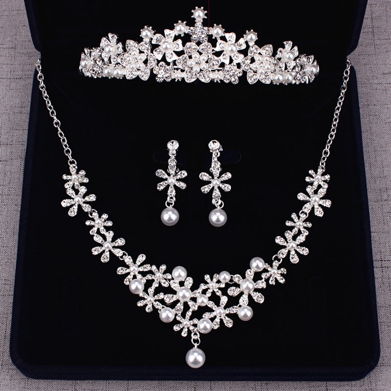 Pearl Tiara Necklace Earrings Sets