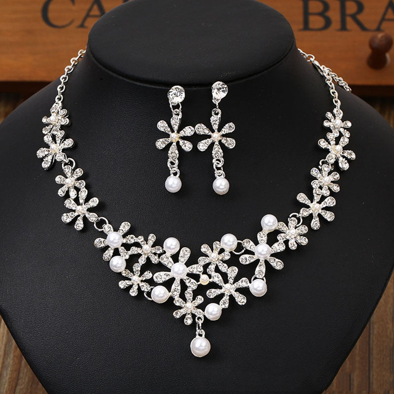 Wedding Bride Jewelry Sets Pearl Tiara Necklace Earrings Sets