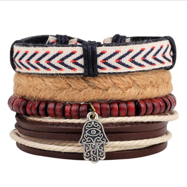 Fashion Hand-knitted Multi-layer Leather Feather Stone Bracelet