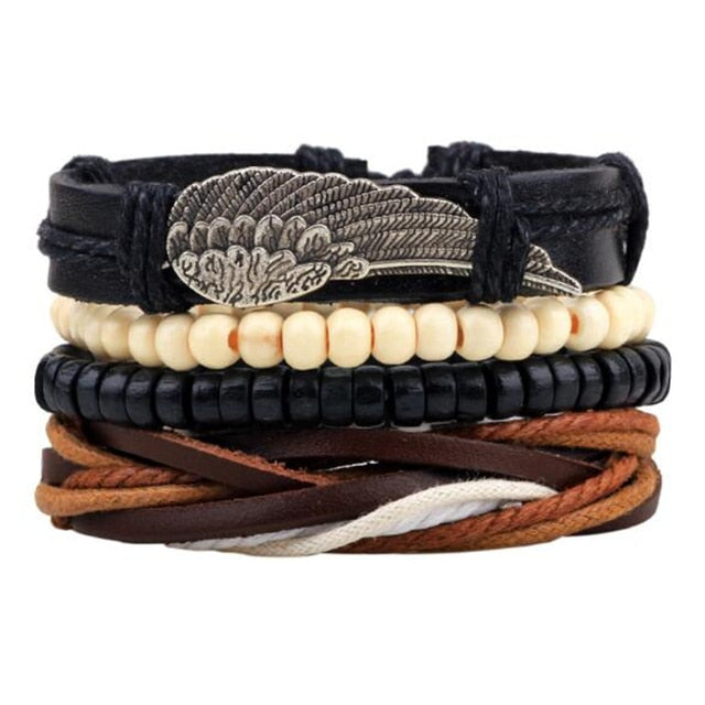 Fashion Hand-knitted Multi-layer Leather Feather Stone Bracelet