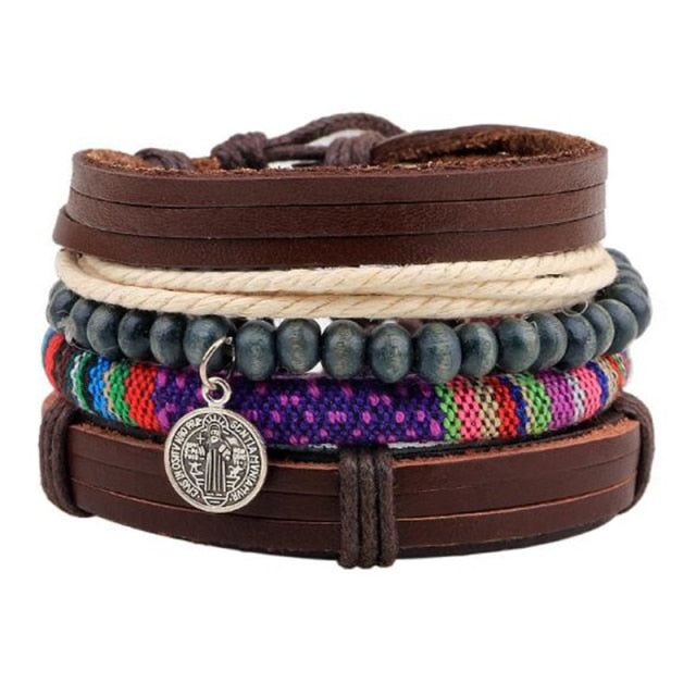 Fashion Hand-knitted Multi-layer Leather Feather Stone Bracelet