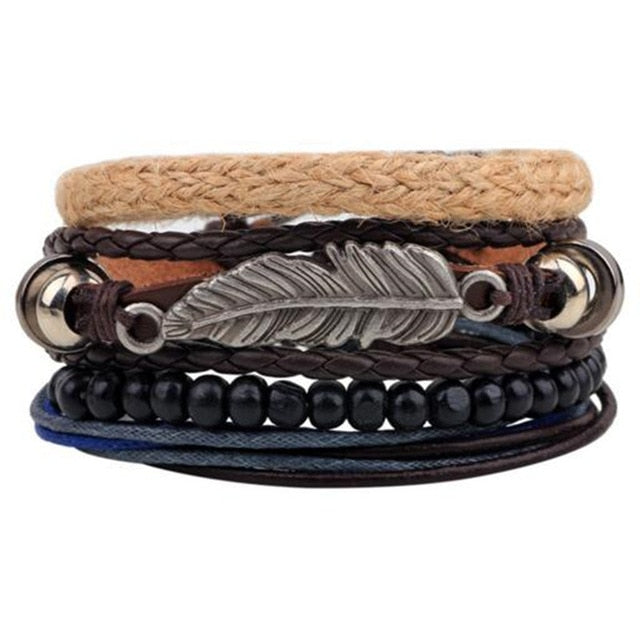 Fashion Hand-knitted Multi-layer Leather Feather Stone Bracelet