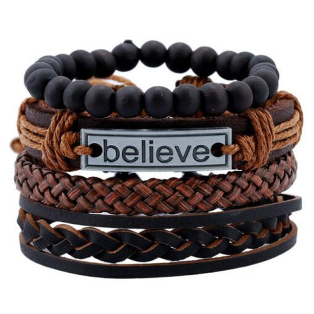 Fashion Hand-knitted Multi-layer Leather Feather Stone Bracelet