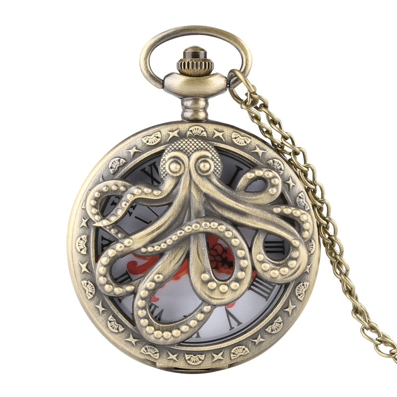 Retro Octopus Hollow Cover Quartz Pocket Watch