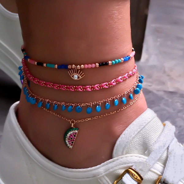 Conjunto de 4 tobilleras bohemias con cuentas de colores